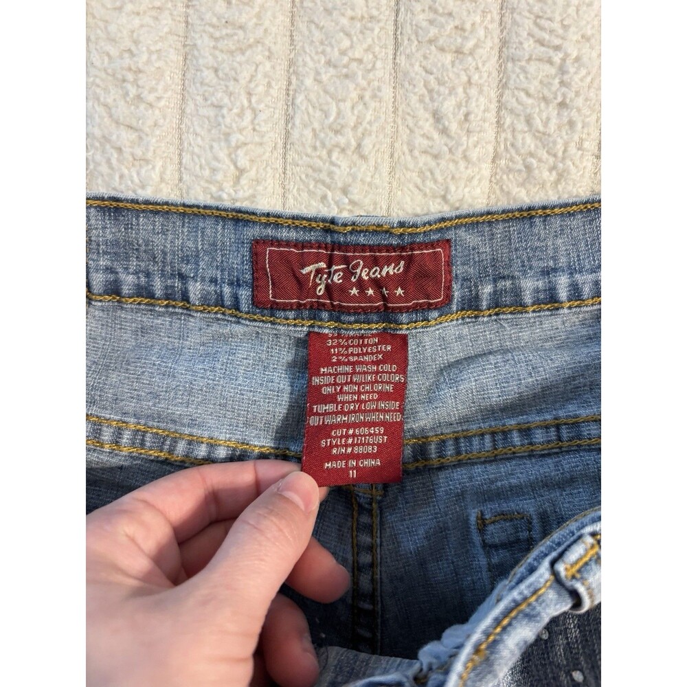 Tyte Denim Bedazzled Rhinestones low rise flare Jeans women Sz 11 Light Wash Y2K
